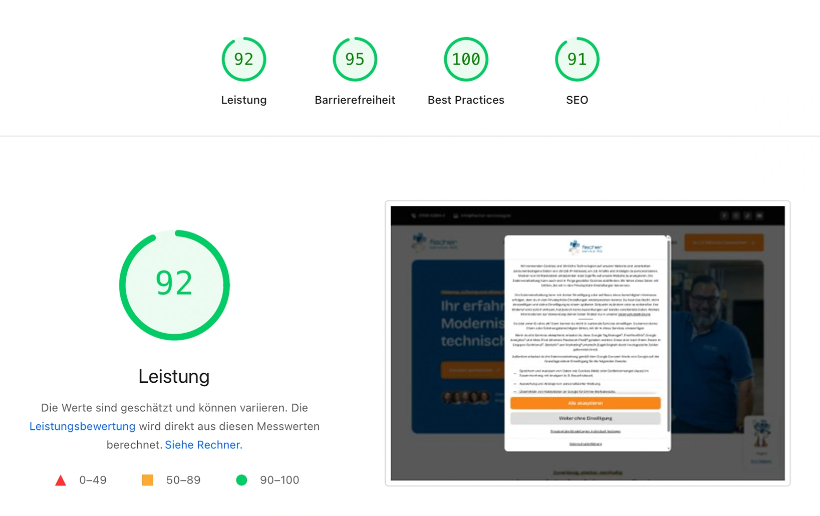 PageSpeed Insights Ergebnis mit hohen Werten für Leistung, Barrierefreiheit, Best Practices und SEO